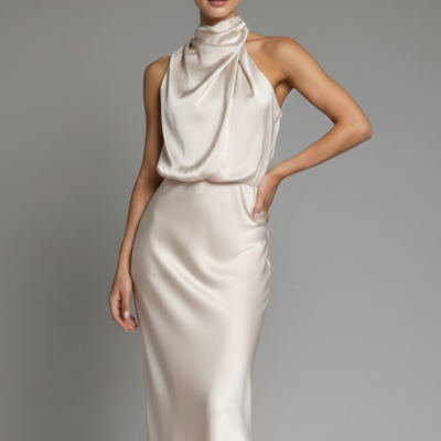 Women’s Dress With High Neck And Draped Front