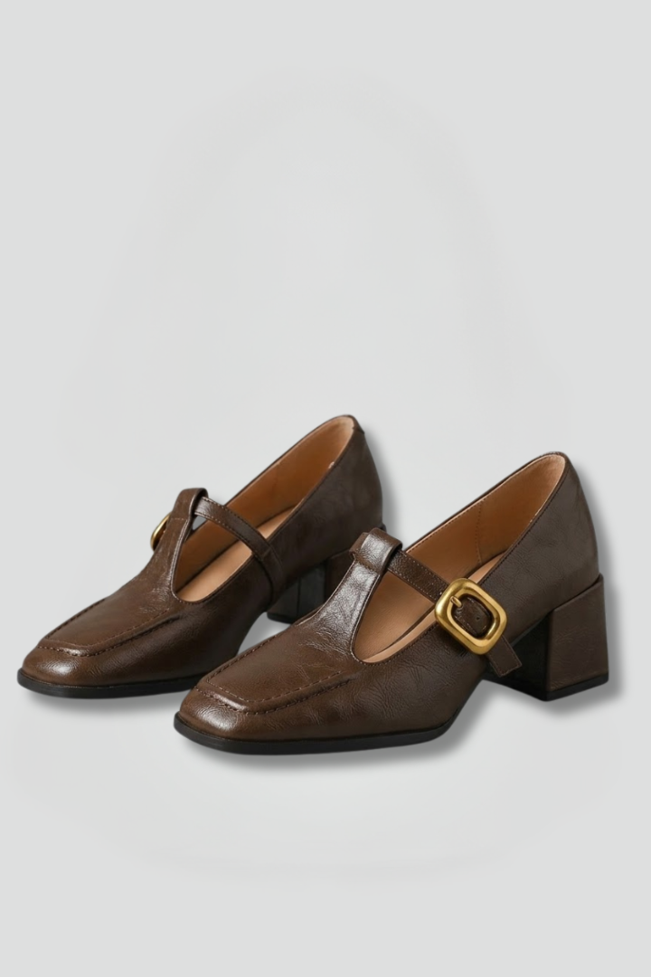 Women's Mary Jane Heels With Gold Buckle For Office Wear