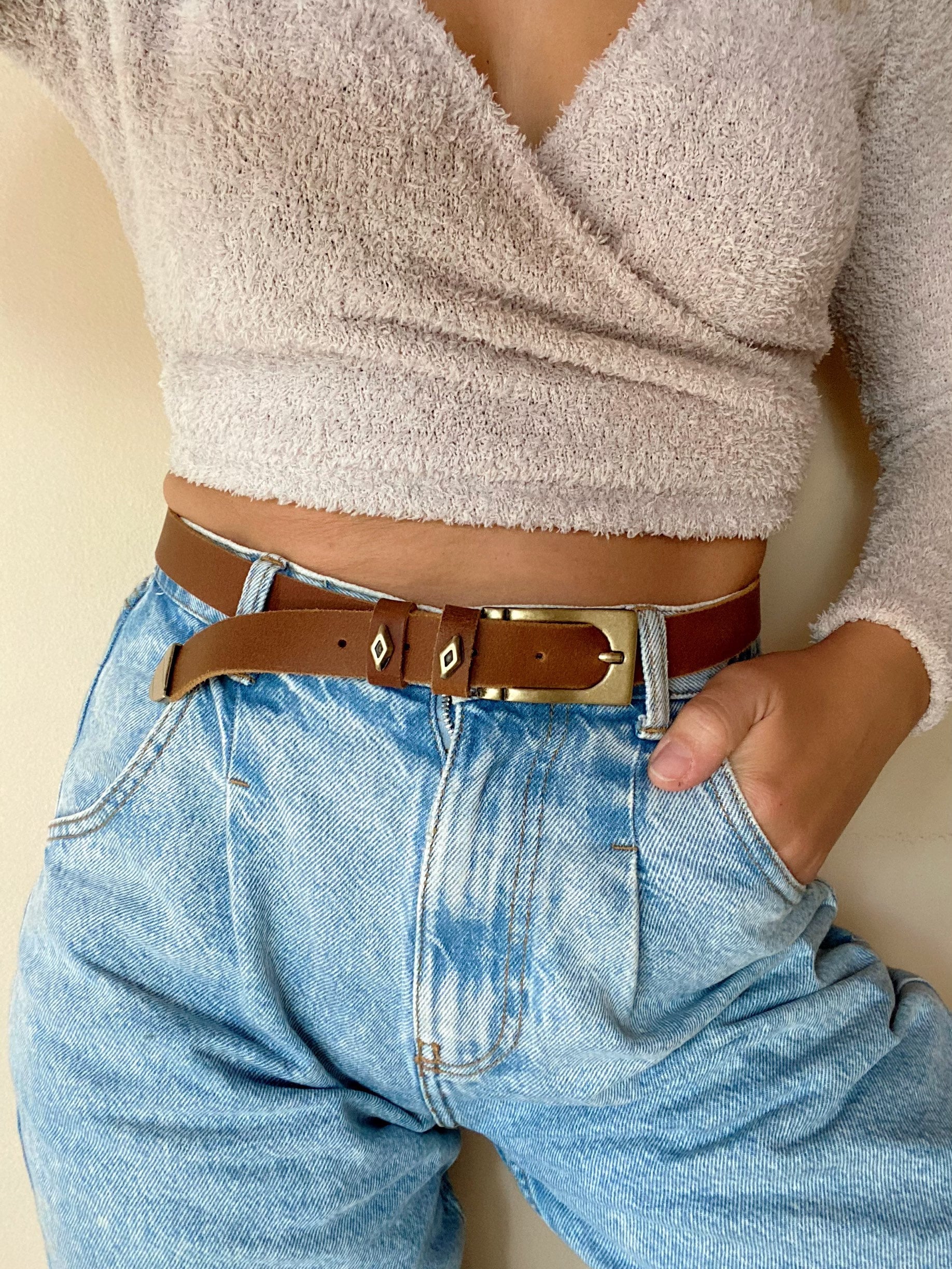 Thin Belt Brown Leather Women Handmade Bronze Buckles