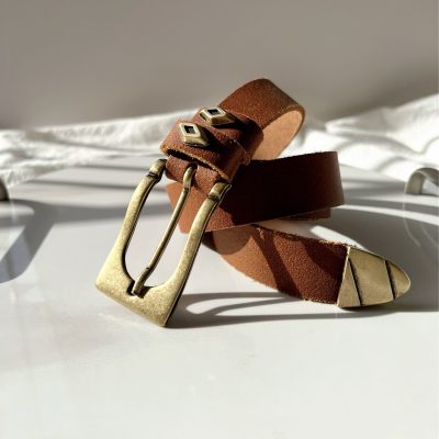 Thin Belt Brown Leather Women Handmade Bronze Buckles