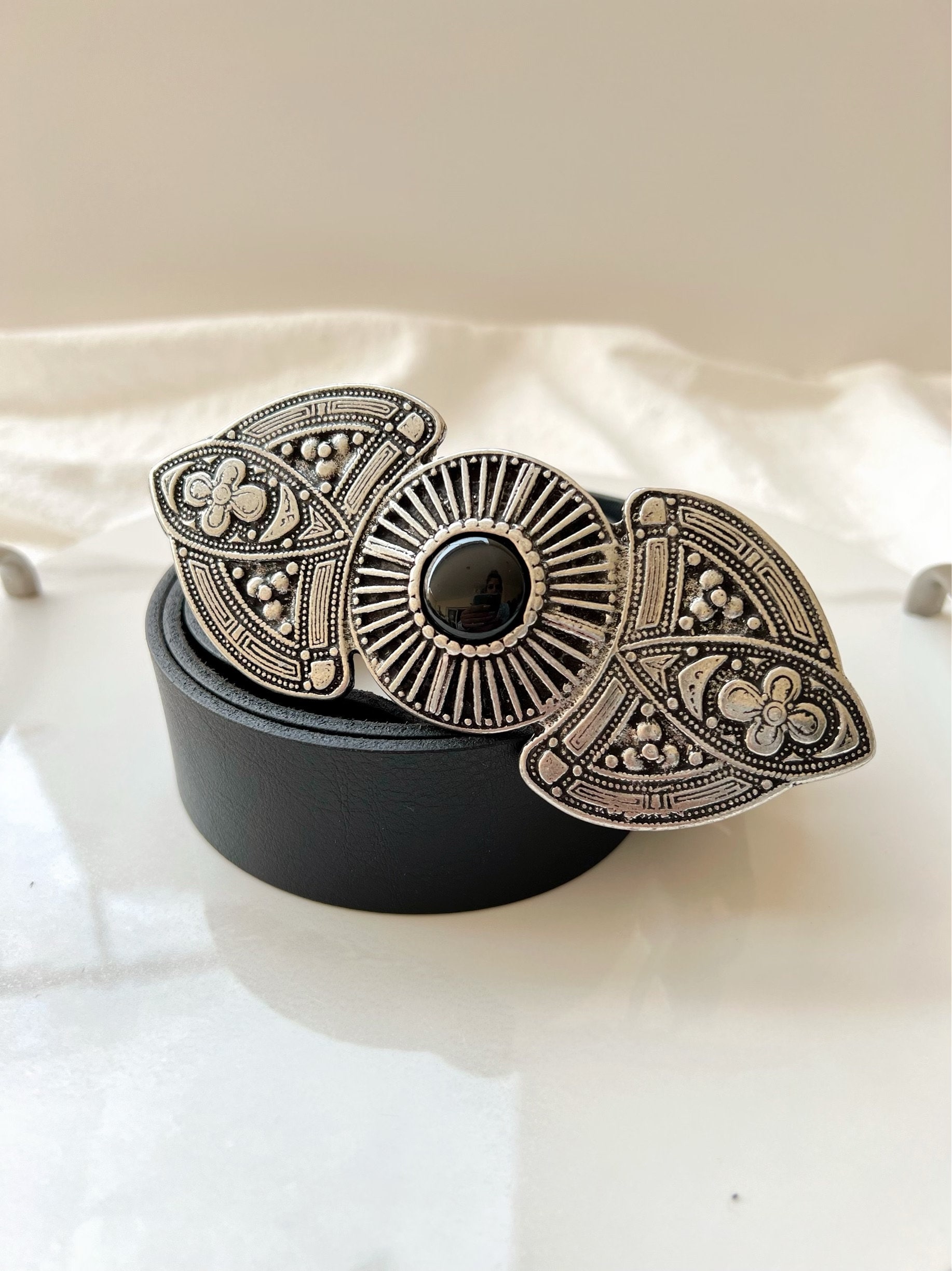 Boho Belt Black Leather With Silver Buckle Made