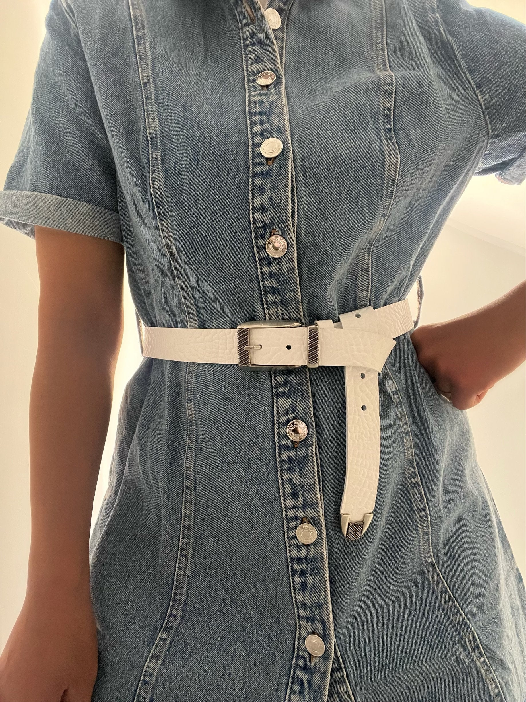 Handmade White Leather Belt Thin Women's Croco Print