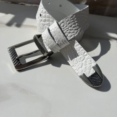 Handmade White Leather Belt Thin Women's Croco Print