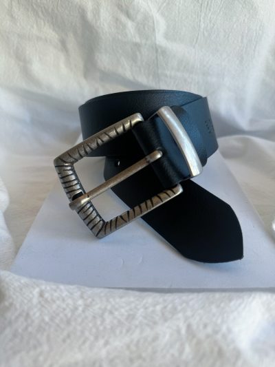 Mens Belt Black Genuine Leather Men Silver Buckles