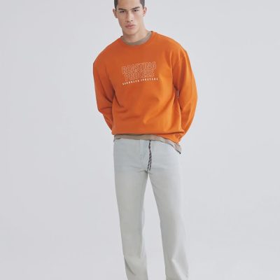 Men's Orange Fleece Y2k Sweatshirt Loose Fit Casual