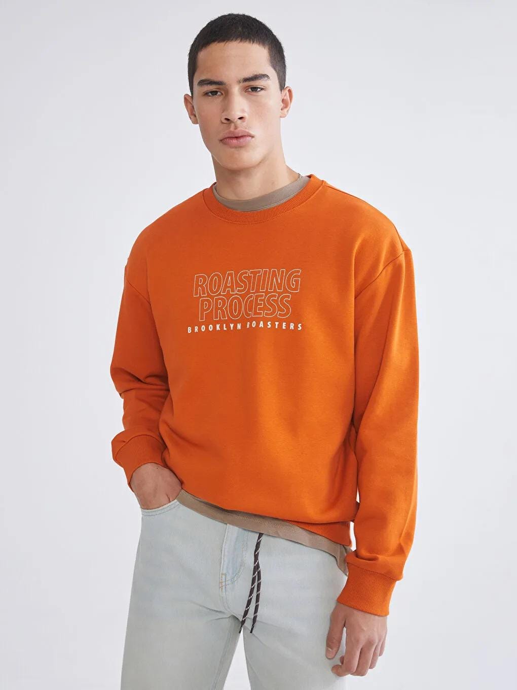 Men's Orange Fleece Y2k Sweatshirt Loose Fit Casual