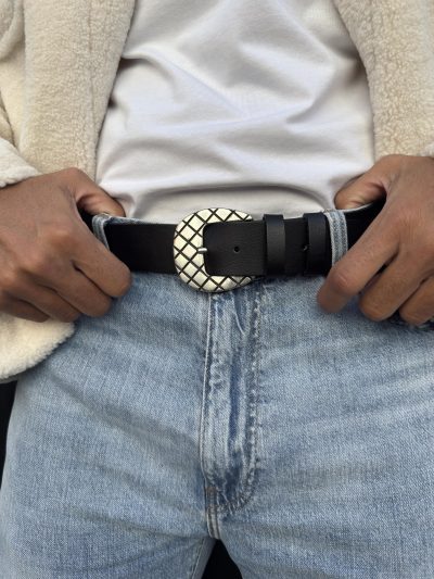 Men's Belt Buckle Black Leather Silver Engraved Buckles